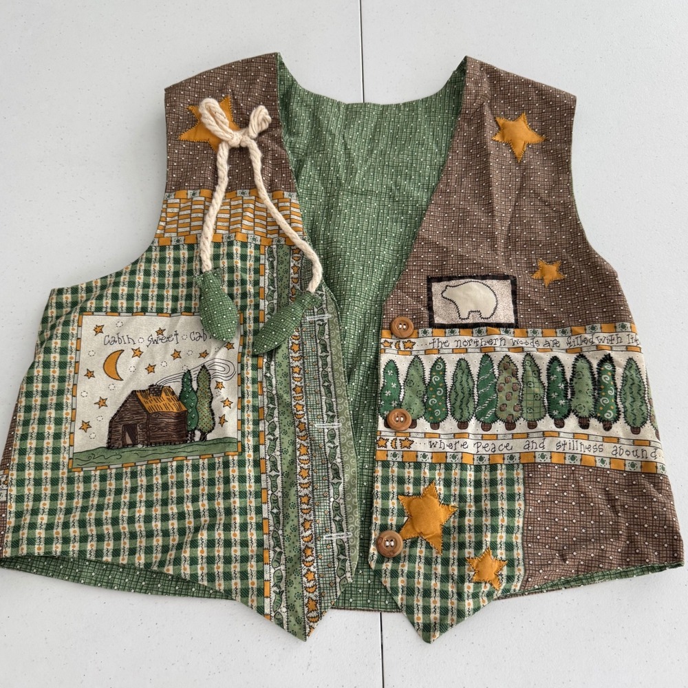 Handmade Cottagecore Cabin Nature Patchwork Vest Womens Medium Bear Stars Moon